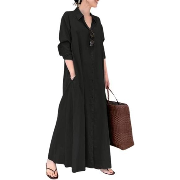 Women's Basic Loose Fit Long Sleeve Button Up Maxi Shirt Dress - Picture 1 of 14